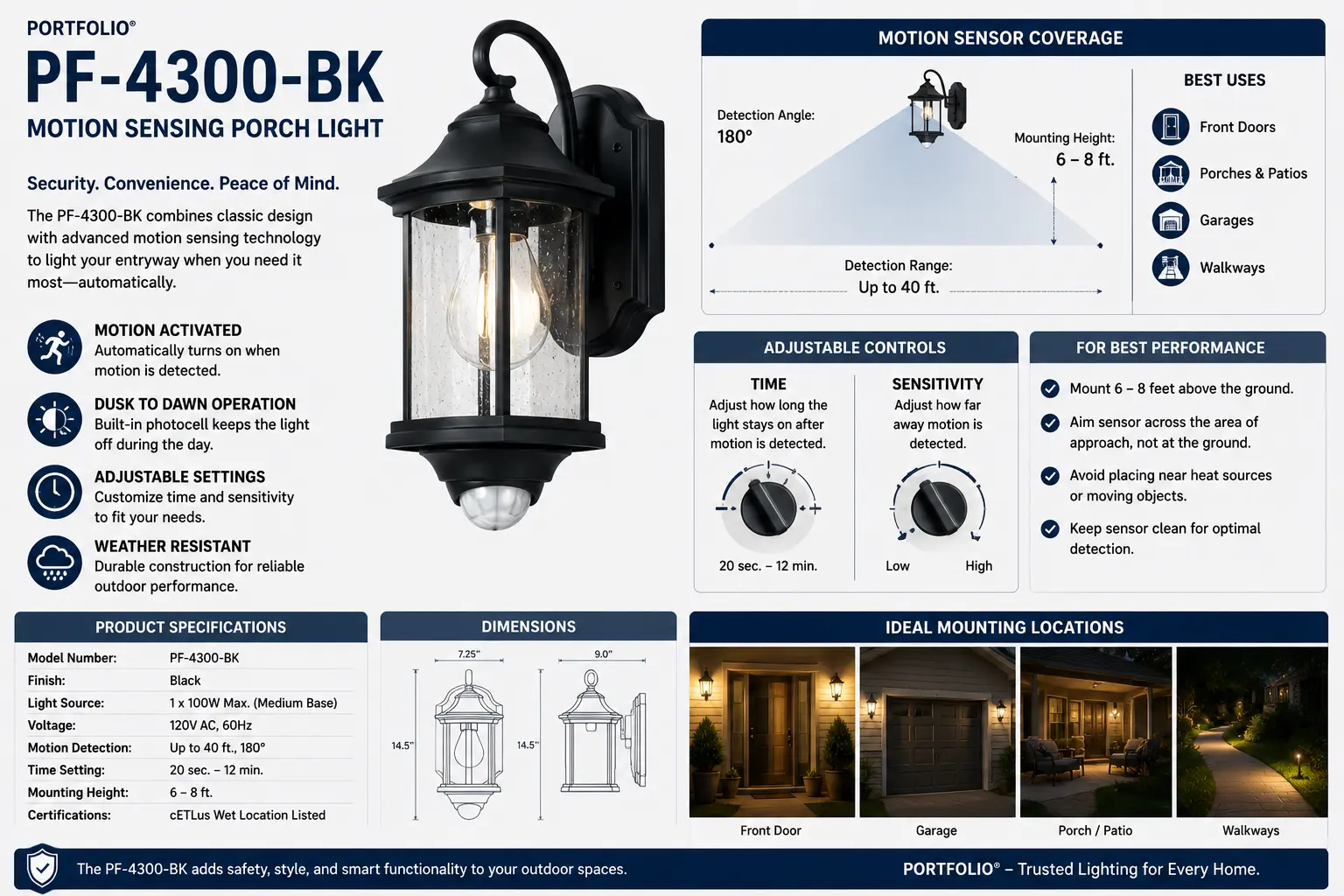Portfolio PF-4300-BK DualBrite diecast motion sensing porch light item 022246 black HeathCo manual specs troubleshooting