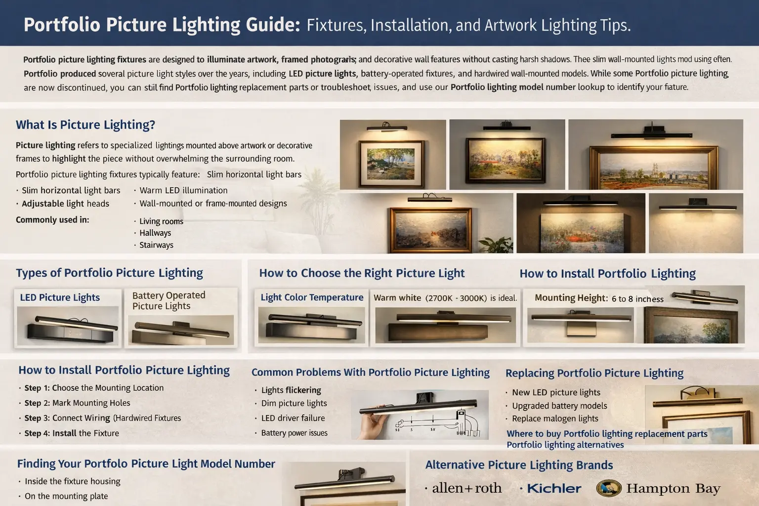 Portfolio picture lighting installed above framed artwork on a wall