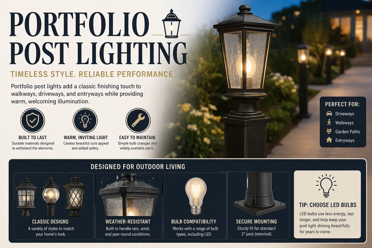Portfolio post lighting near an entry path and outdoor landscape area
