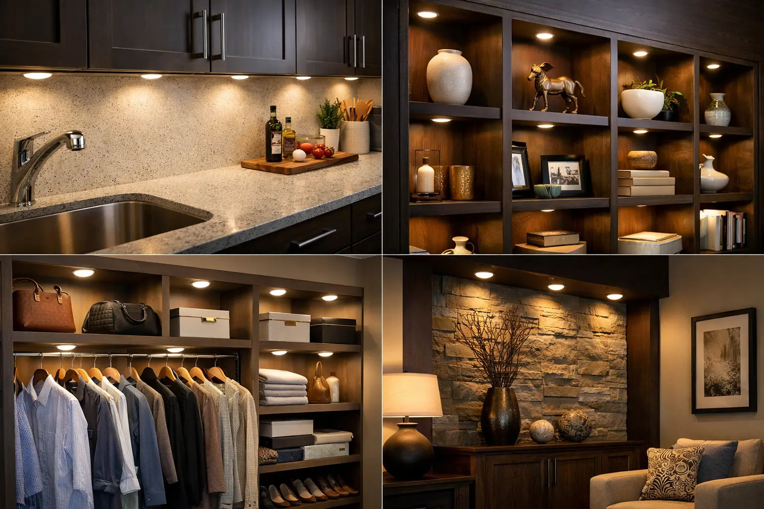 Portfolio puck lighting under cabinets, display shelves, closet storage, and indoor accent areas with focused low-profile light
