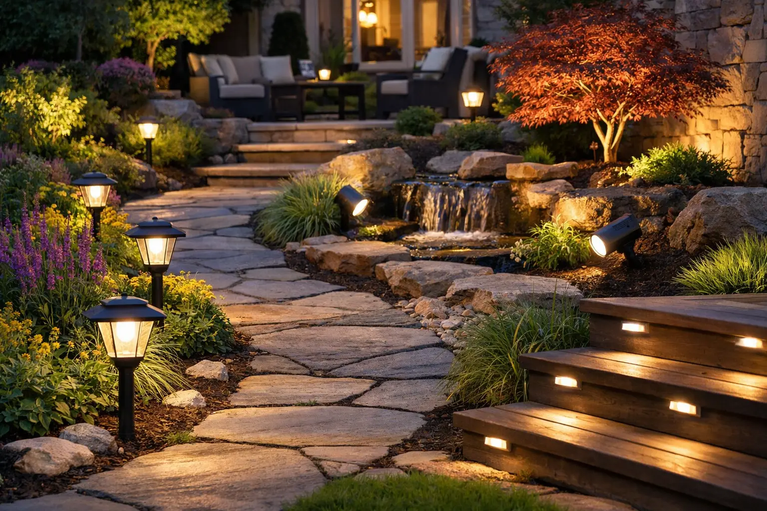 Portfolio solar lighting installed along a garden path and outdoor landscaping for solar walkway and accent lighting