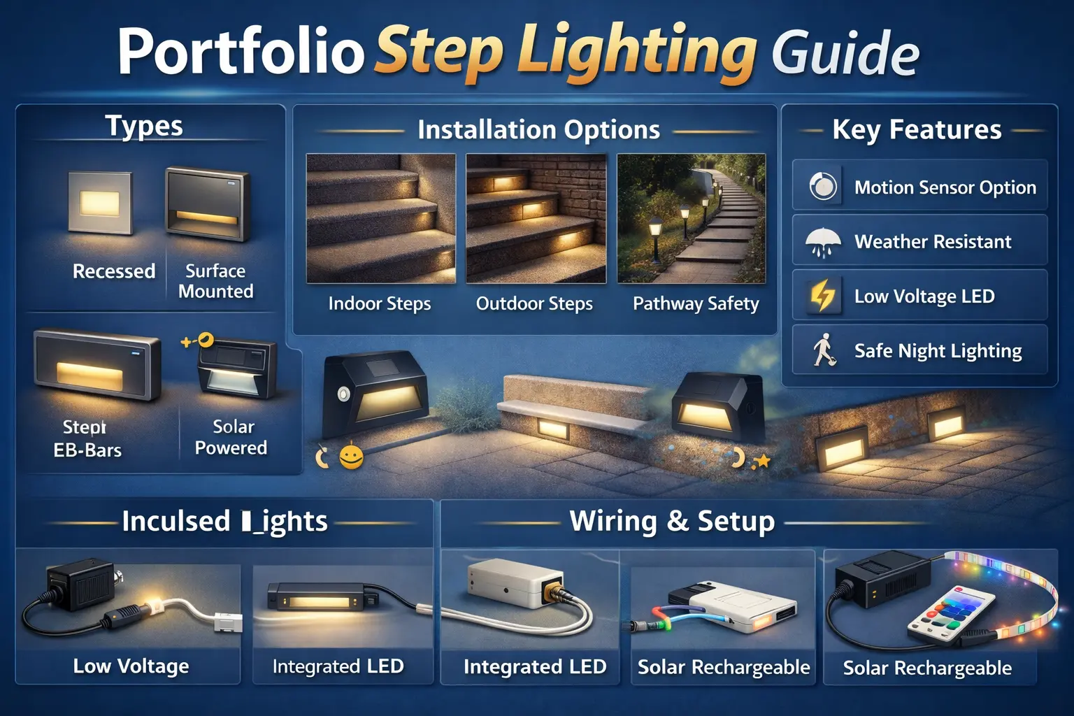 Portfolio step lighting for outdoor stairs, retaining walls, deck steps, and safer low voltage stair illumination