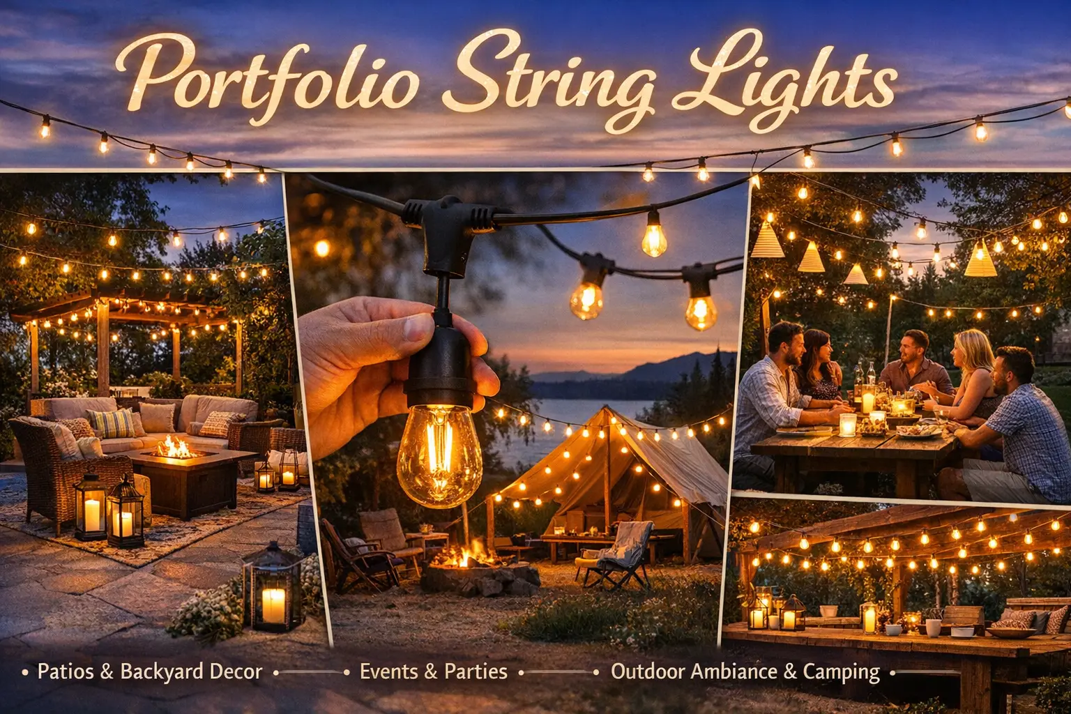 Portfolio string lights used on a patio, covered porch, and decorative indoor accent area with warm ambient lighting