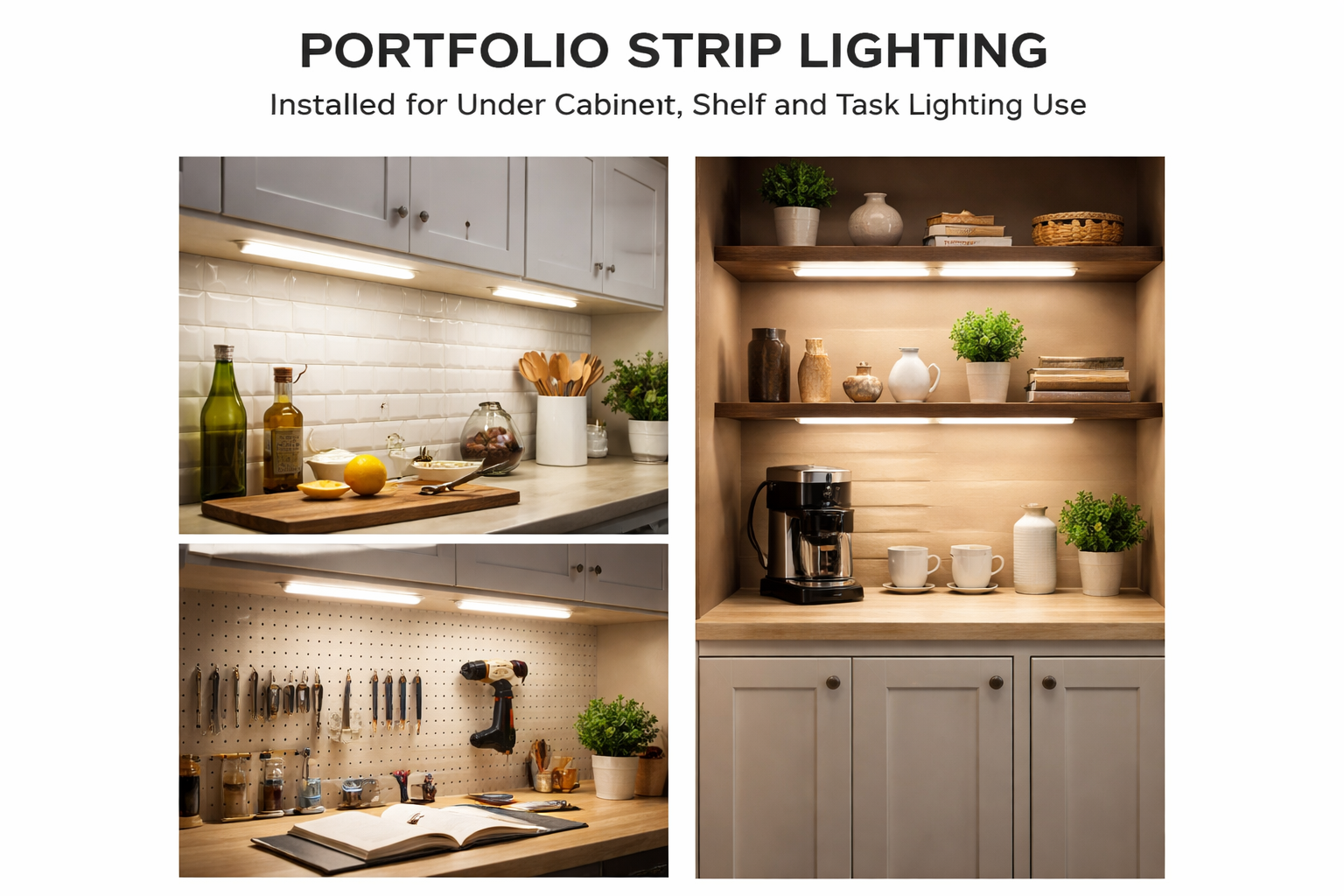 Portfolio strip lighting installed for under cabinet, shelf, and task lighting use
