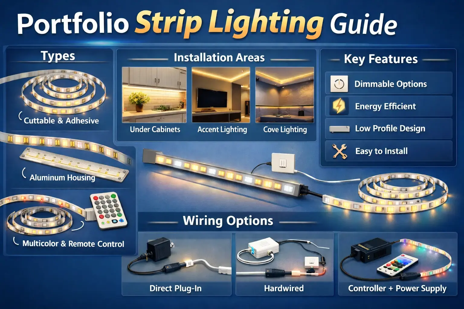 Portfolio strip lighting installed for under cabinet, shelf, and task lighting use