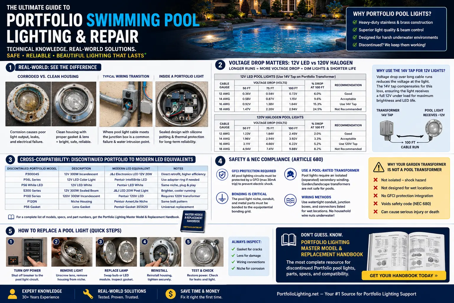 Portfolio swimming pool lighting repair guide showing pool light housing gasket transformer GFCI junction box and voltage drop diagnostics