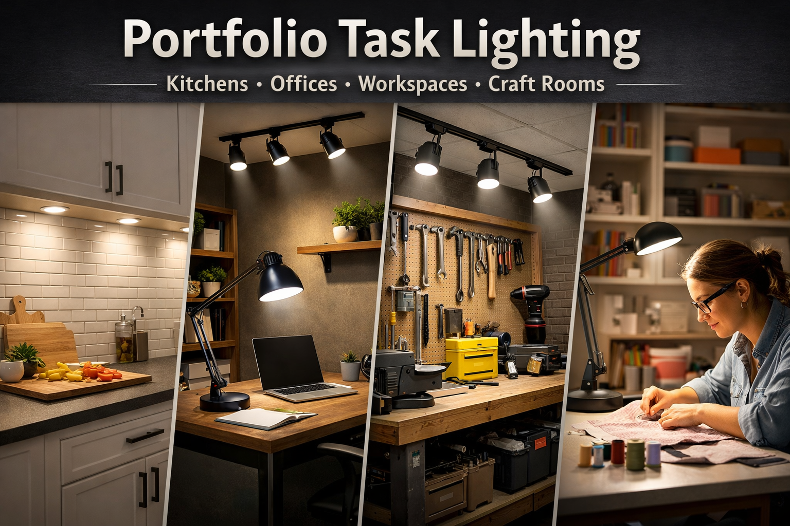 Portfolio task lighting in a kitchen, home office, and workspace with focused LED lighting over work surfaces