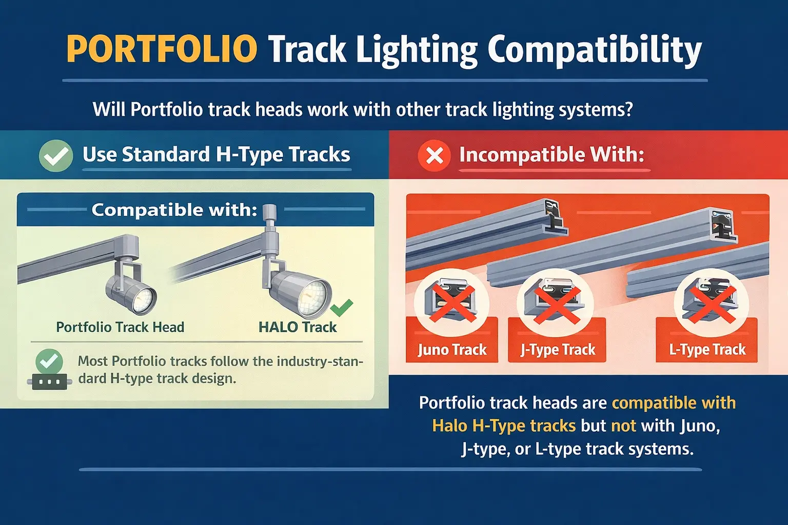 Portfolio track lighting system with adjustable heads mounted on a ceiling rail in an indoor room layout