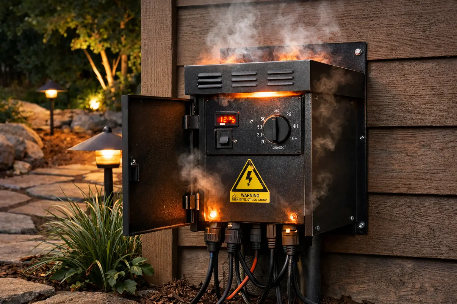 Portfolio low voltage landscape lighting transformer mounted outdoors and running hot during operation