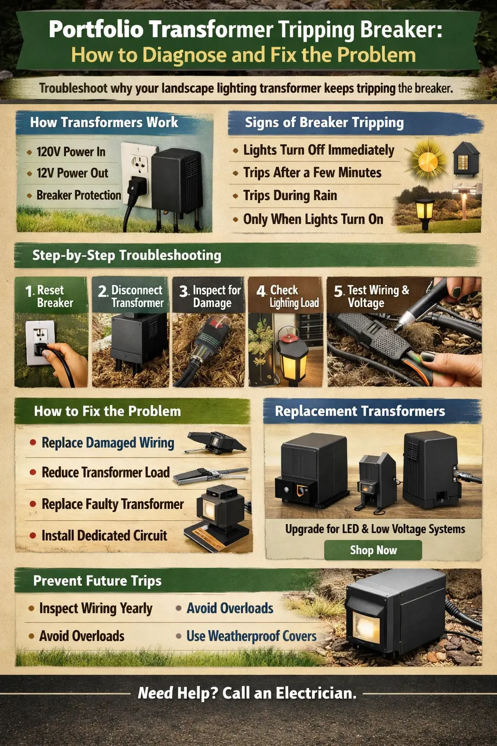 Portfolio transformer tripping breaker with outdoor low voltage landscape lighting transformer, wiring, and circuit panel