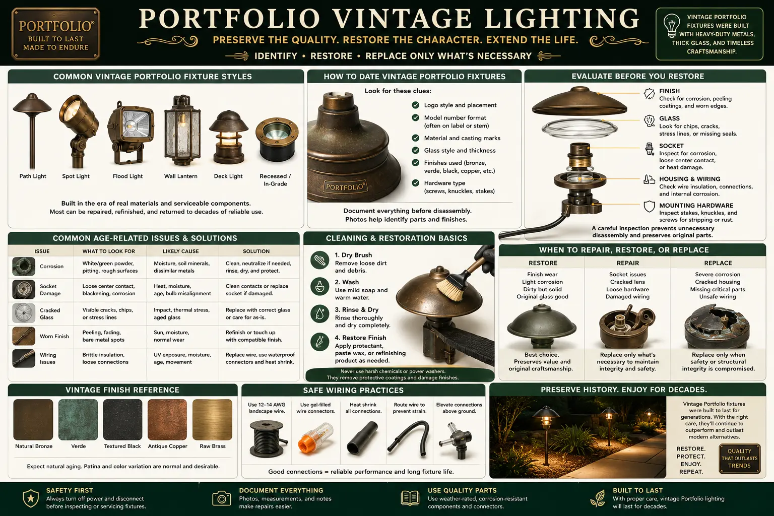 Vintage Portfolio lighting fixtures including bronze wall lanterns, older path lights, glass sconces and restoration parts