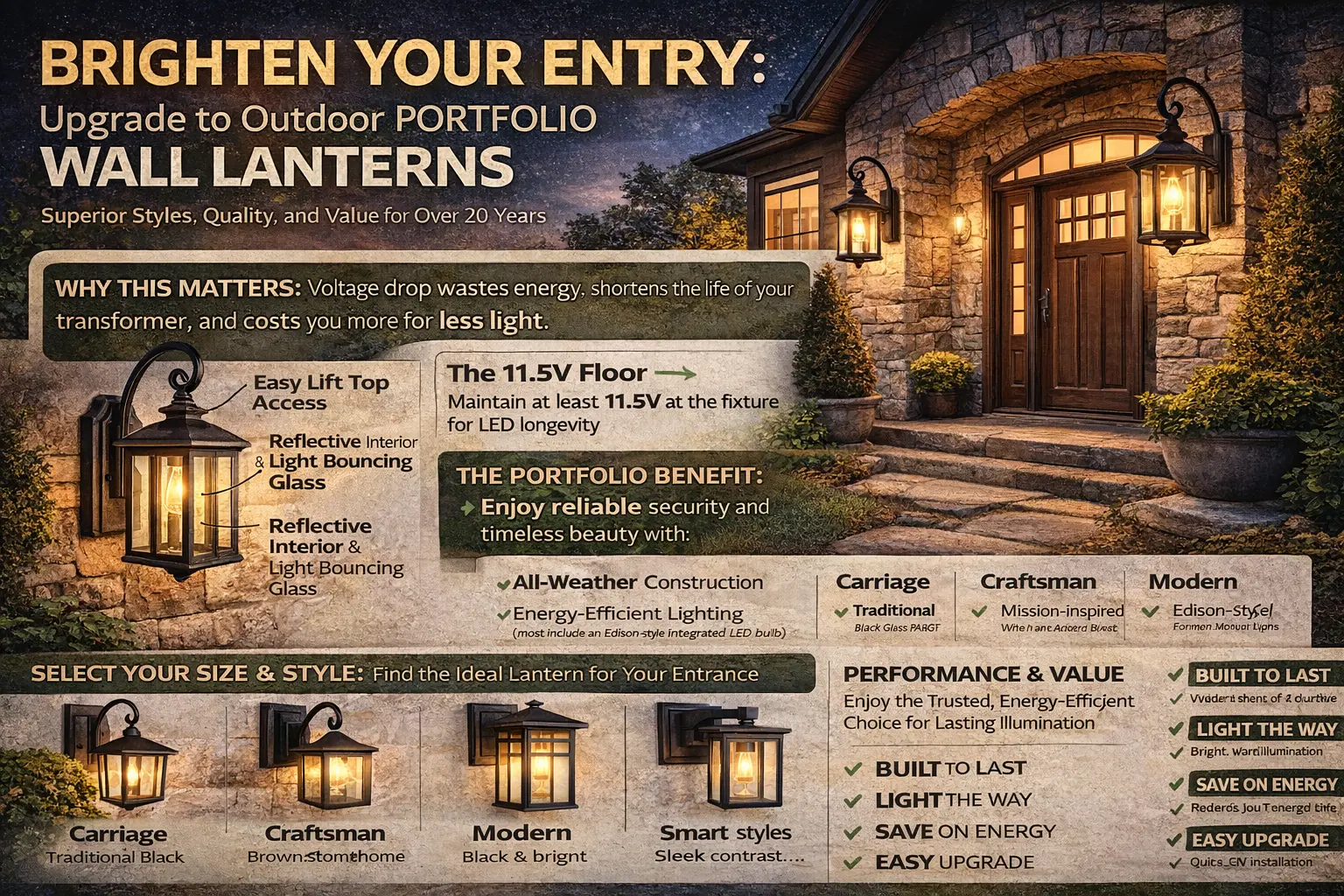 Portfolio wall lantern lighting mounted near a front entry and outdoor porch area