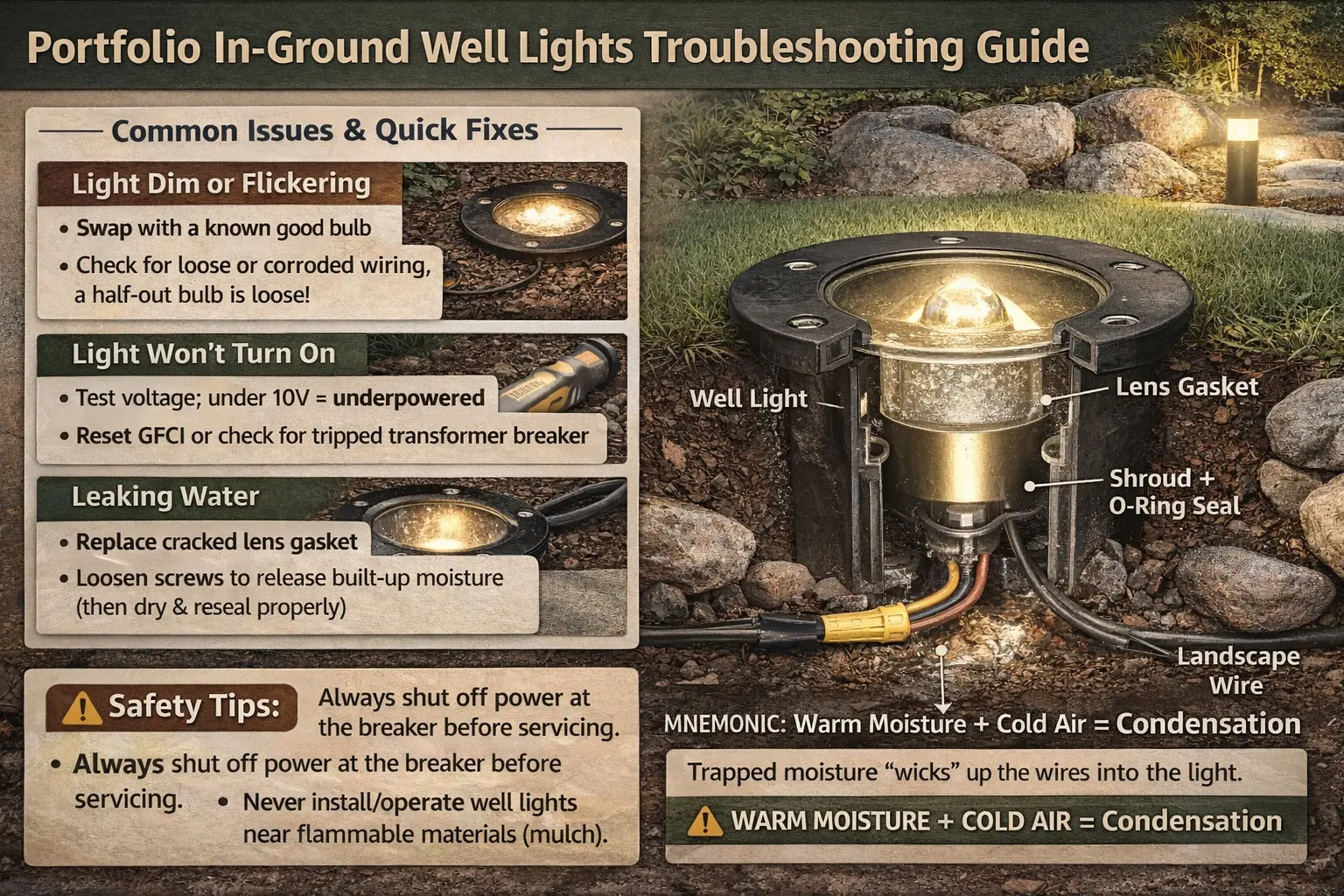 Portfolio in-ground well lights illuminating landscaping and being inspected for wiring and water issues