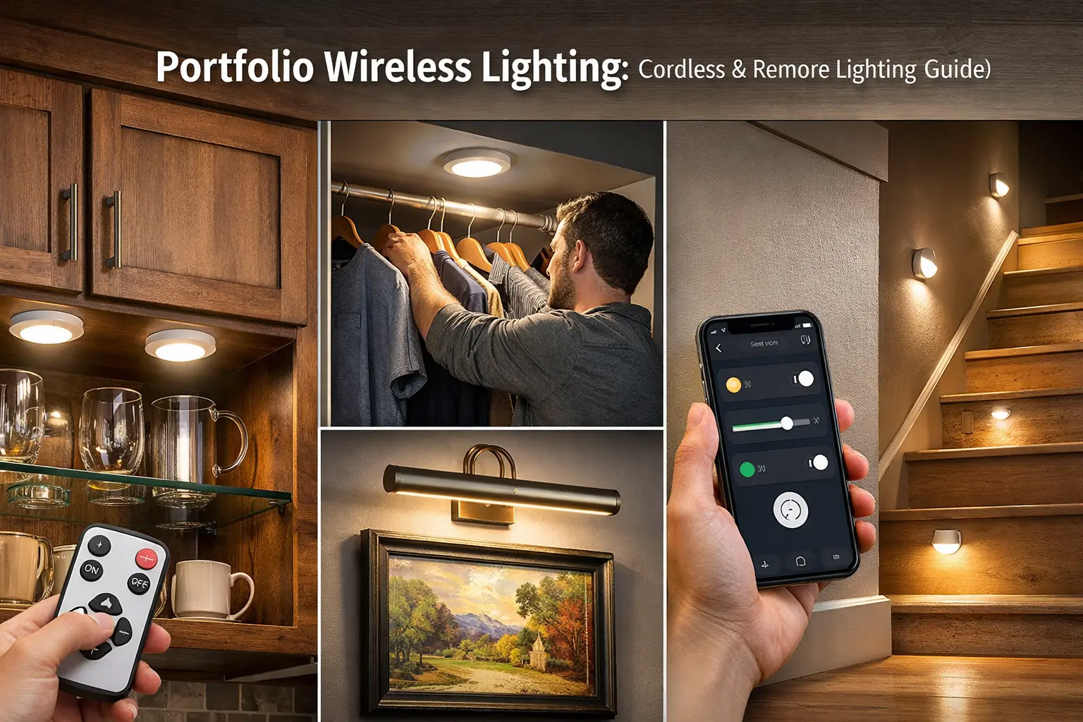 Portfolio wireless lighting with remote control lights, wireless puck lights, cabinet lighting, and cordless LED fixtures