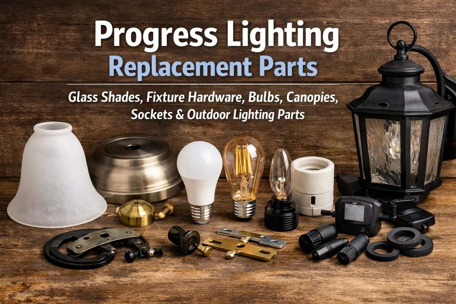 Progress Lighting replacement parts for glass shades, fixture hardware, bulbs, canopies, sockets, and outdoor lighting parts
