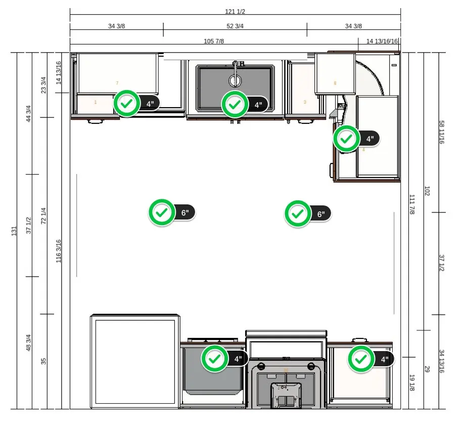 Recessed kitchen light layout diagram showing spacing around counters and sink