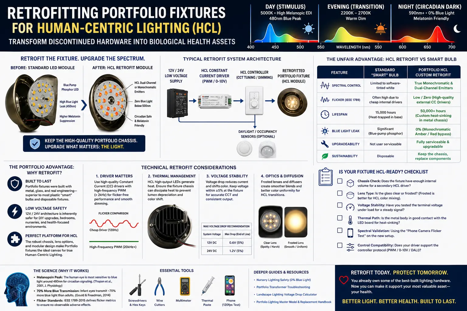 Technical diagram of a Portfolio fixture retrofit for human-centric lighting using dual channel CCT amber red emitters low flicker driver and voltage stability testing
