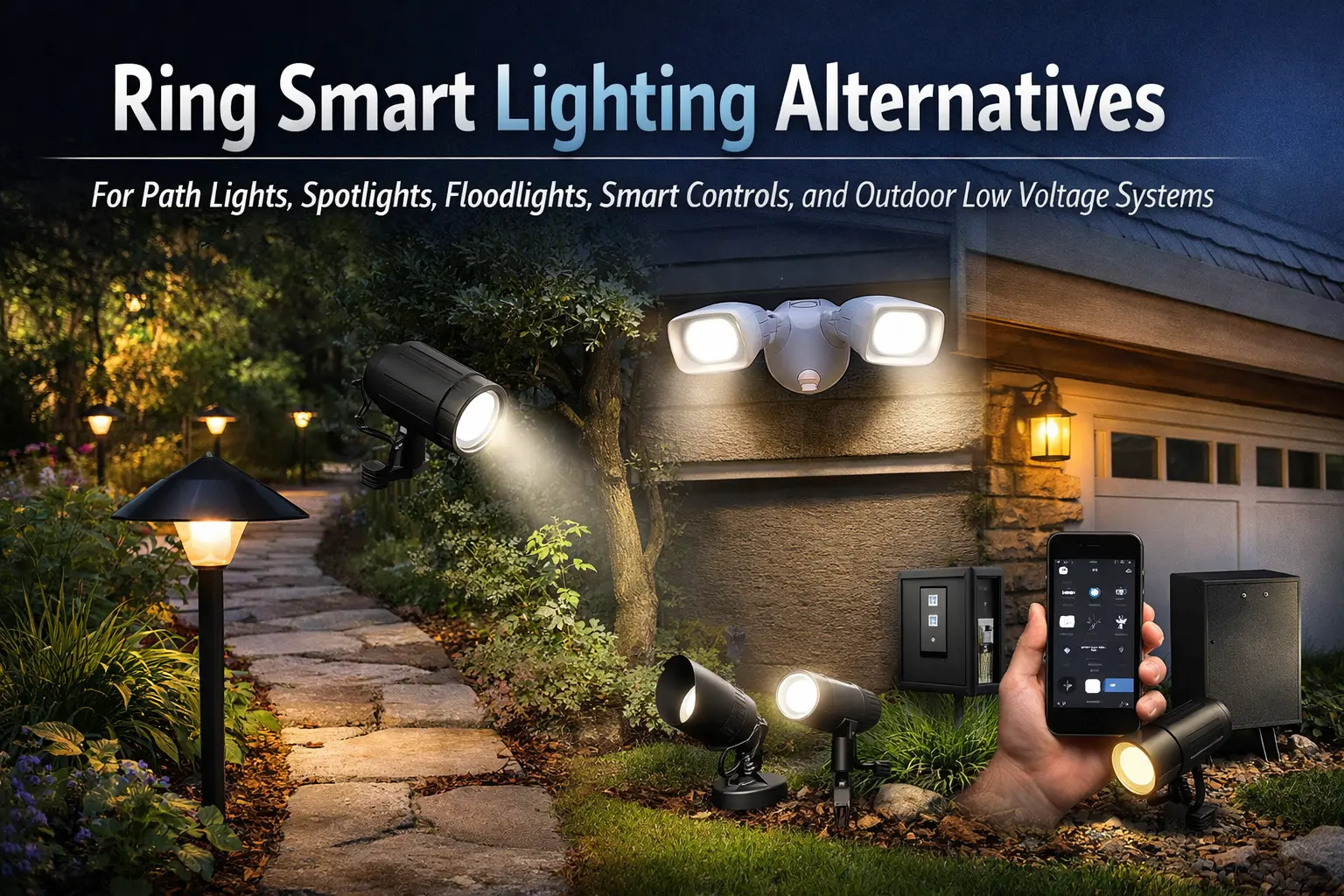 Ring smart lighting alternatives for path lights, spotlights, landscape lighting, and connected outdoor smart lighting systems