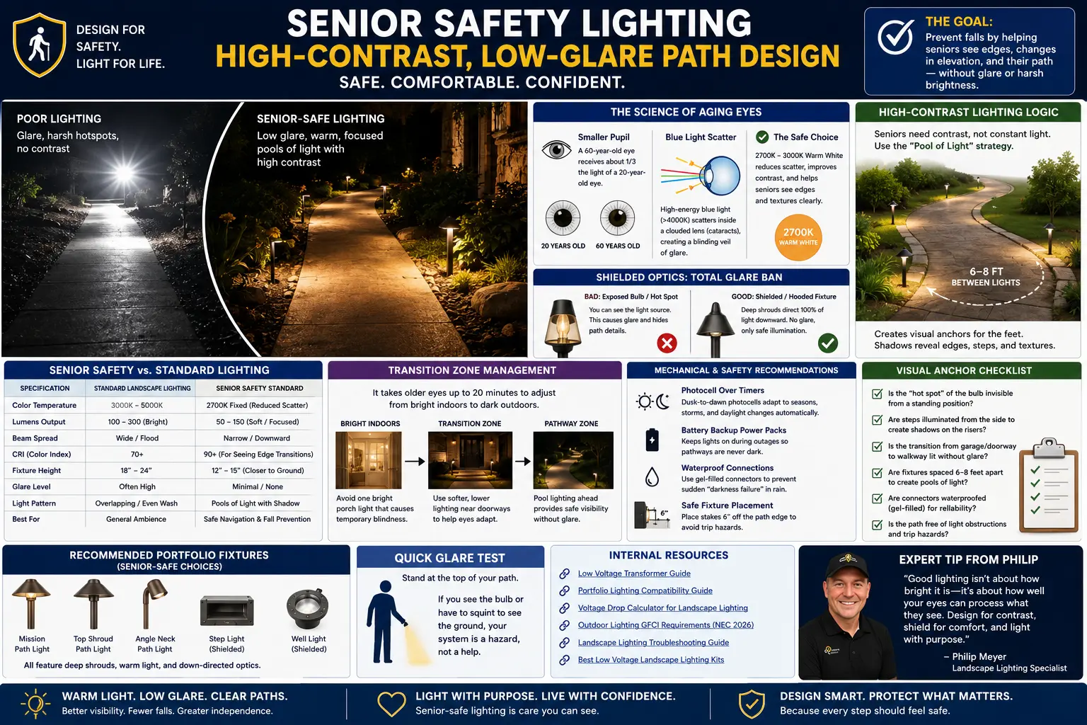 Senior safety lighting high contrast low glare path design with shielded path lights warm 2700K color transition zone and visual anchor spacing