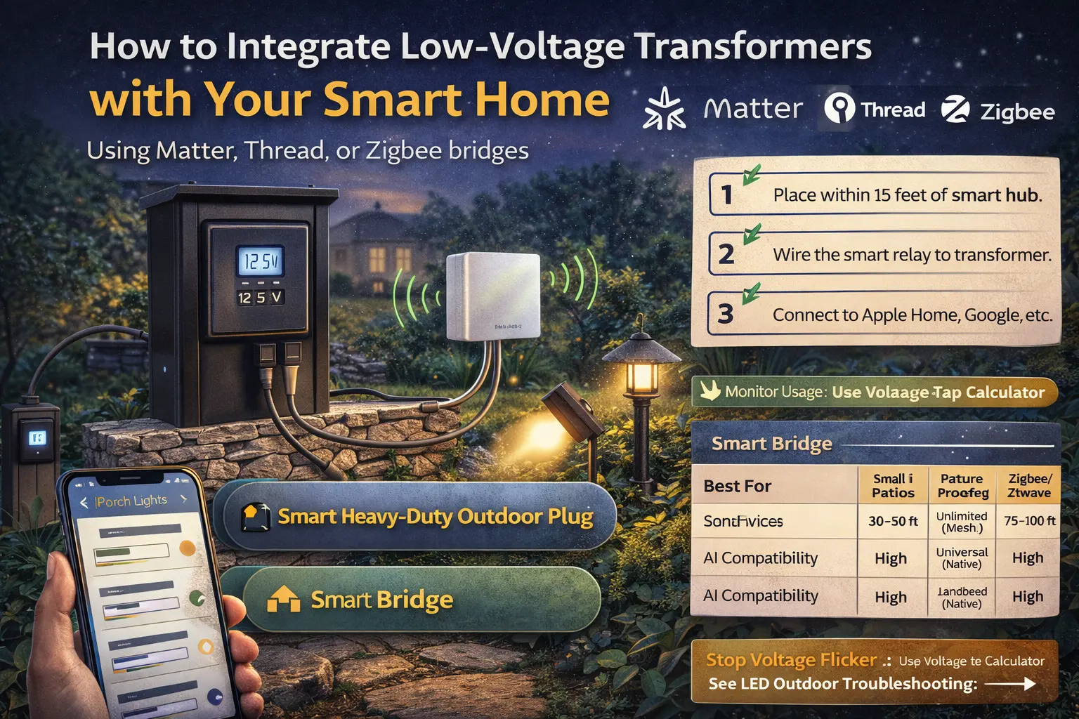 Smart landscape lighting bridge connecting a traditional low-voltage transformer to modern smart home controls