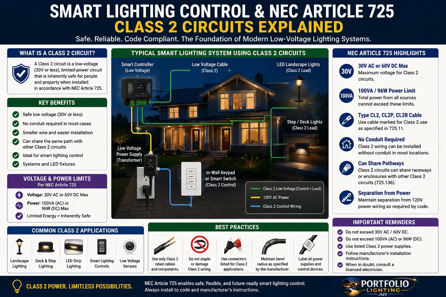 Smart lighting control NEC Article 725 Class 2 circuit guide showing power source load circuit control wiring data path and outdoor lighting safety planning