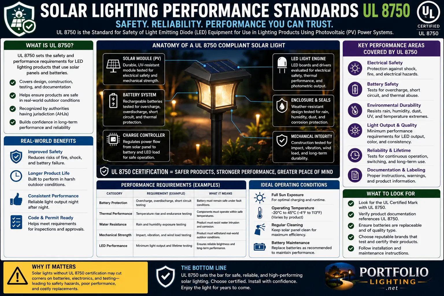 Solar landscape lighting performance standards UL 8750 IEC 61215 61730 certification compliance gap consumer path light