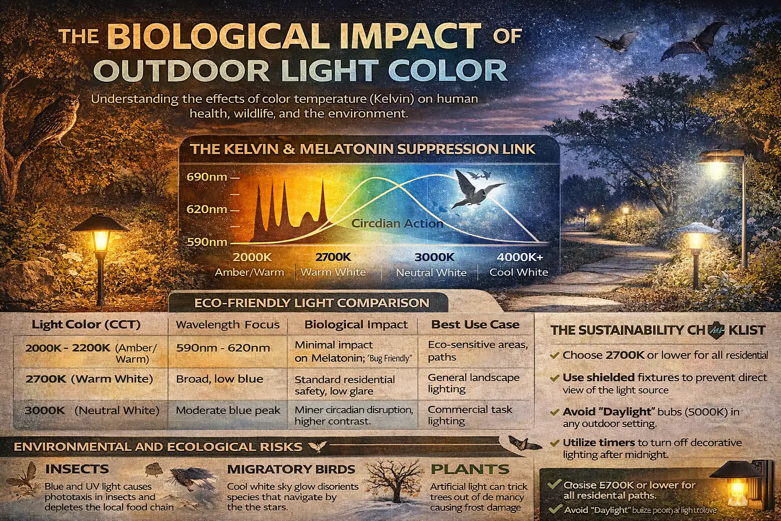 Biological impact of outdoor light color showing amber, warm white, neutral white, and cool white outdoor lighting effects on sleep, wildlife, and sky glow