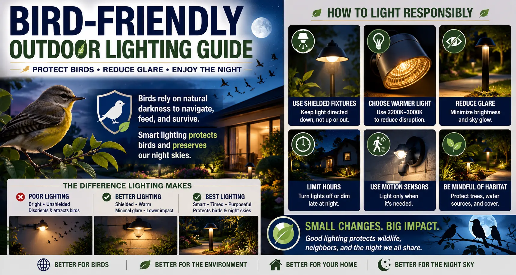Bird-friendly outdoor lighting guide migration birds 590nm amber spectrum Lights Out program BirdCast landscape lighting collision prevention