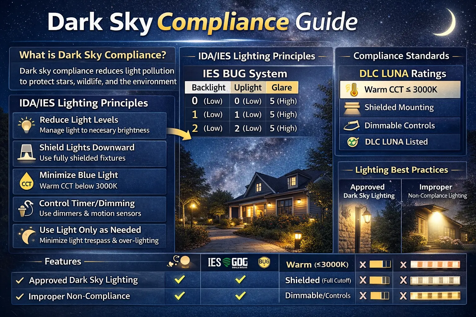 Dark sky compliance guide showing shielded outdoor lighting, warm color temperature, lower glare, and controlled landscape lighting layout