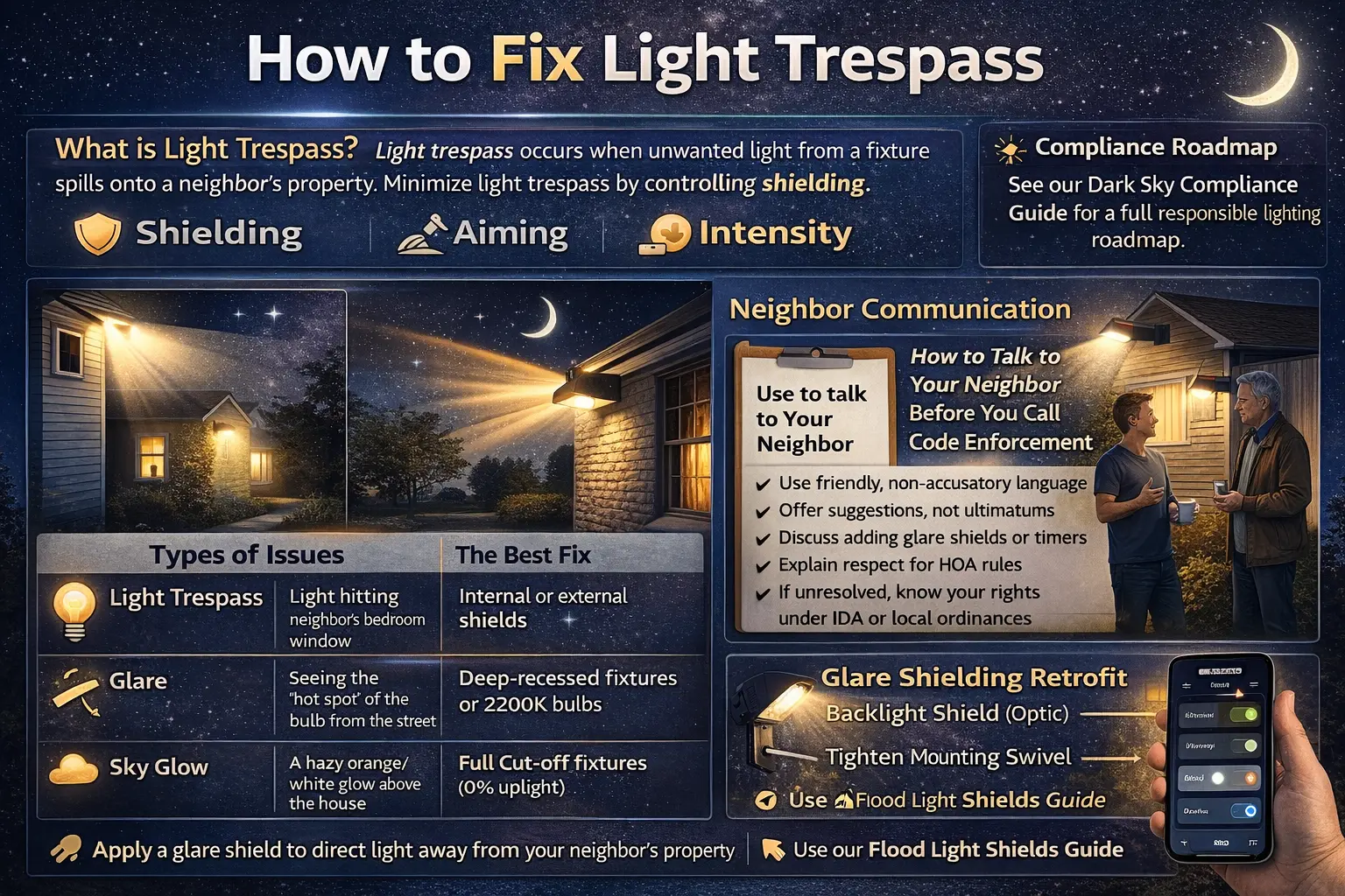 Diagram showing how to fix light trespass using shielding, aiming, and glare control on an outdoor landscape light