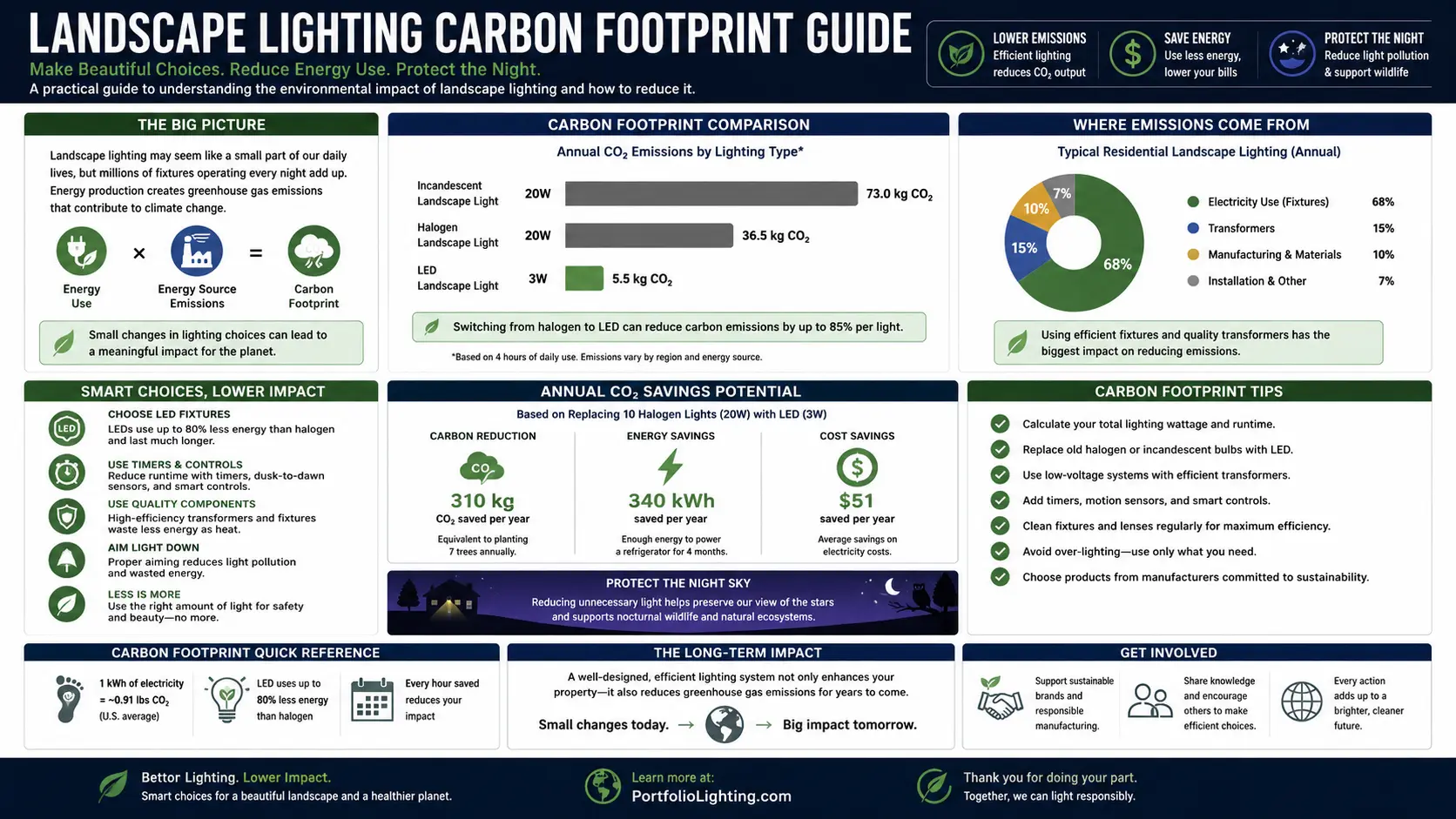 Landscape lighting carbon footprint guide — calculate and reduce CO2 from outdoor lighting