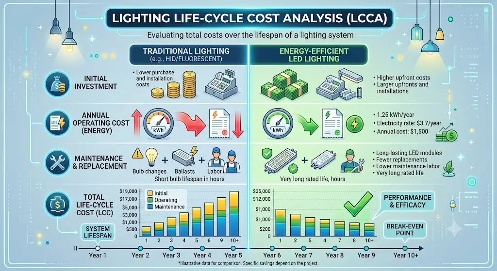 Outdoor lighting life cycle cost analysis dark sky fixture economics LED vs HPS 20 year NPV payback period maintenance energy savings