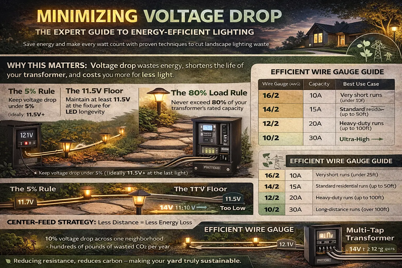 Voltage drop energy waste diagram showing wire heat loss, multi-tap transformer correction, and more efficient wire gauge choices