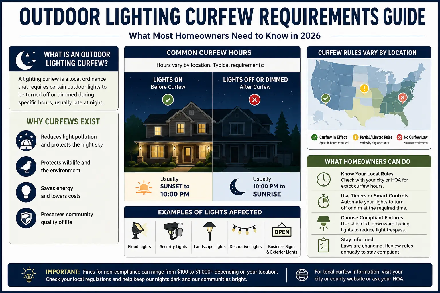 Outdoor lighting curfew requirements guide shutoff hours dimming rules adaptive controls automatic timer dark sky ordinance compliance
