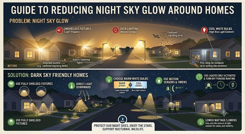 Reducing night sky glow around homes residential skyglow causes physics Rayleigh scattering full cutoff 3000K CCT Bortle scale actions