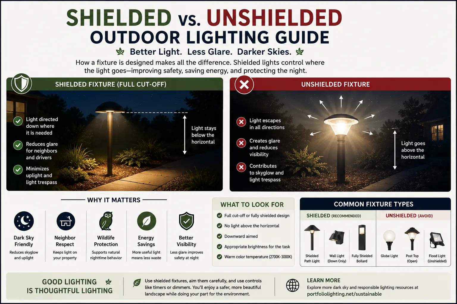 Shielded vs unshielded outdoor lighting guide full cutoff fully shielded BUG rating IES TM-15 dark sky compliance photometric classification