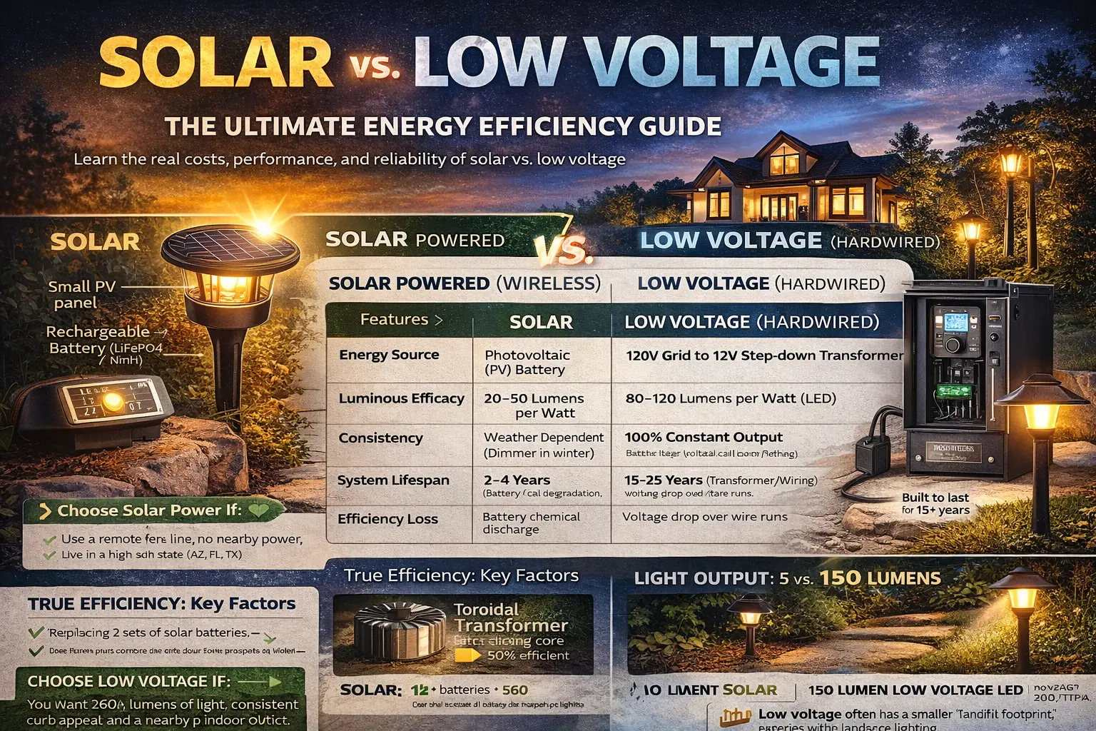 Solar vs low voltage landscape lighting comparison showing solar panels, batteries, transformer, lumens, watts, and energy efficiency differences