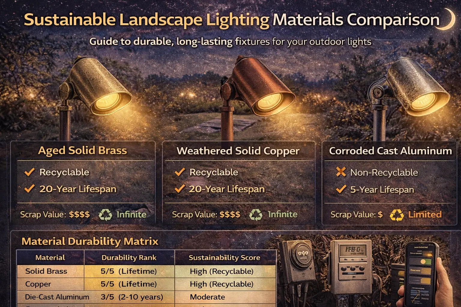 A comparison of aged brass, weathered copper, and corroded aluminum landscape lighting fixtures to show material durability