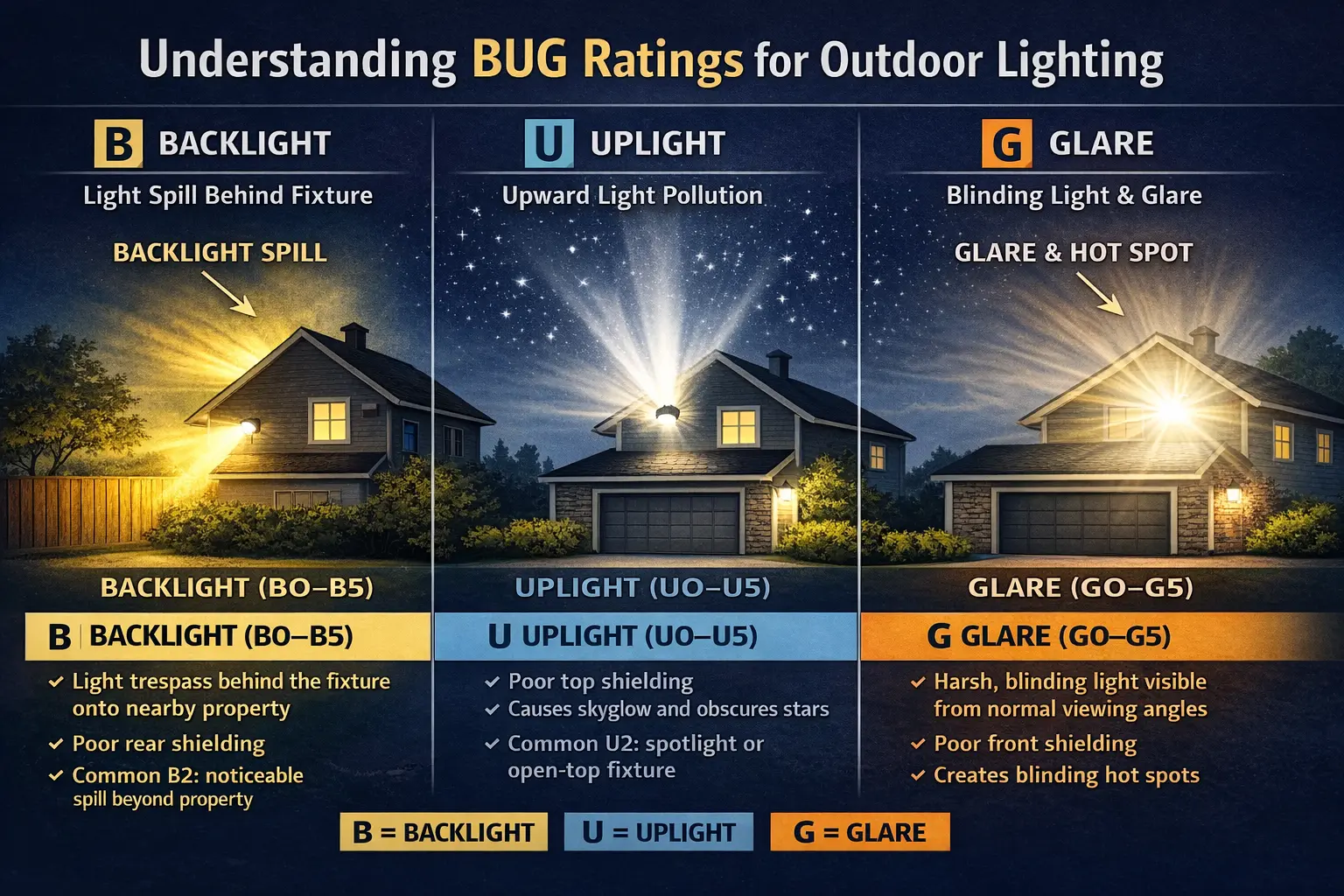 Understanding BUG ratings for outdoor lighting showing backlight uplight and glare on a house with labeled lighting effects