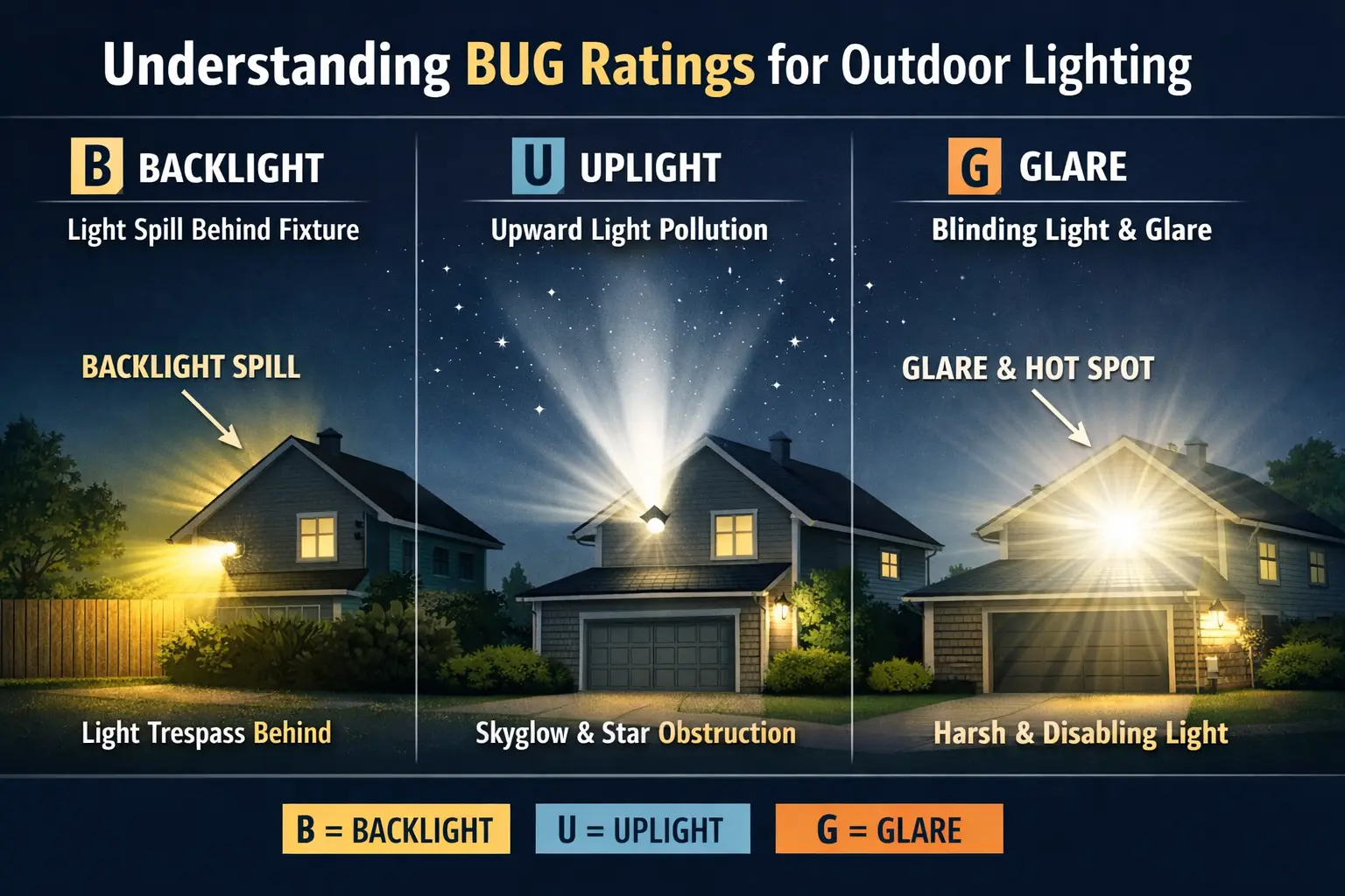 Understanding BUG ratings for outdoor lighting showing backlight uplight and glare on a house