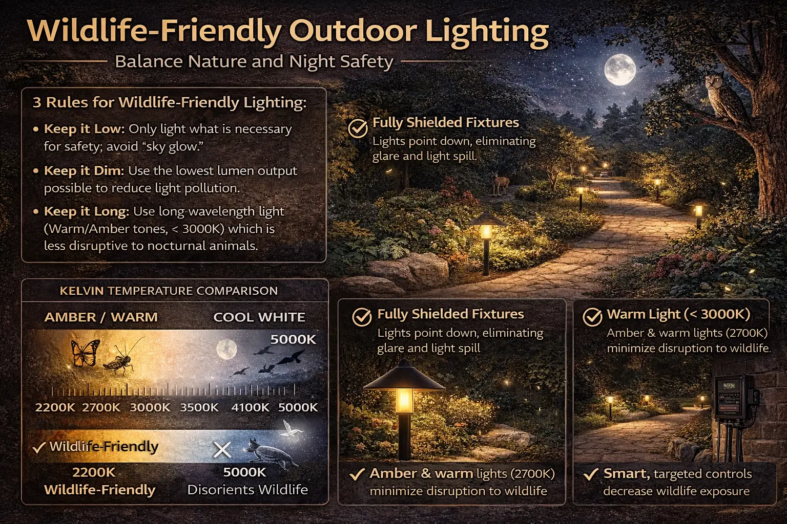Warm shielded path lighting with low glare and downward light for wildlife-friendly outdoor lighting