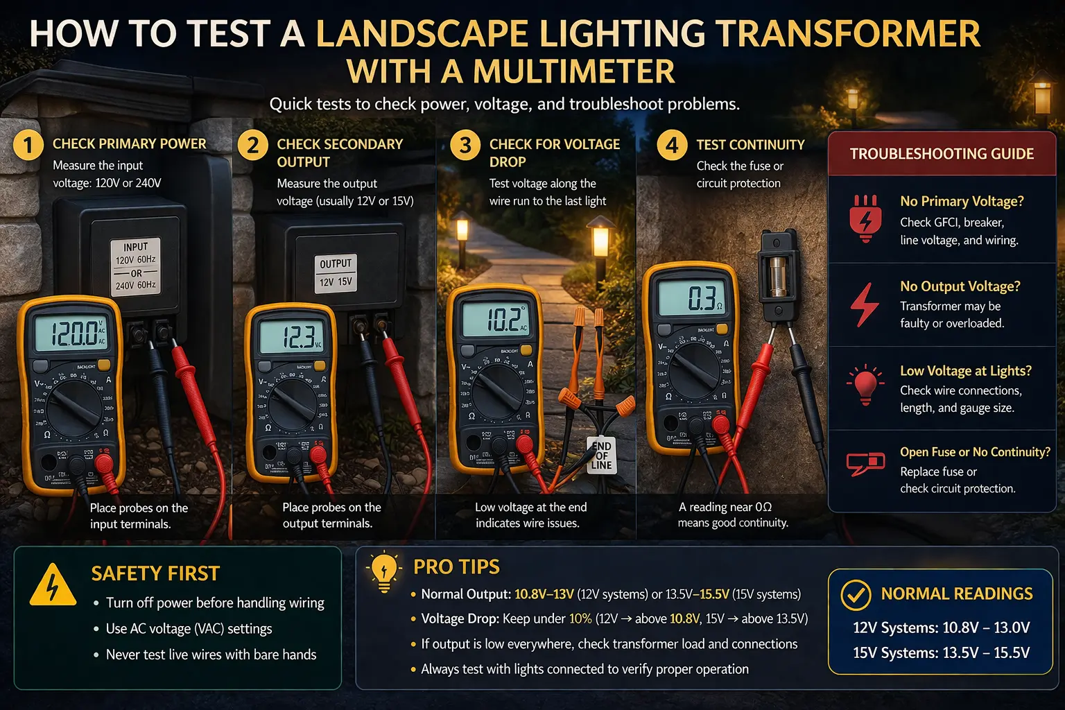 testing landscape lighting transformer with multimeter showing voltage reading