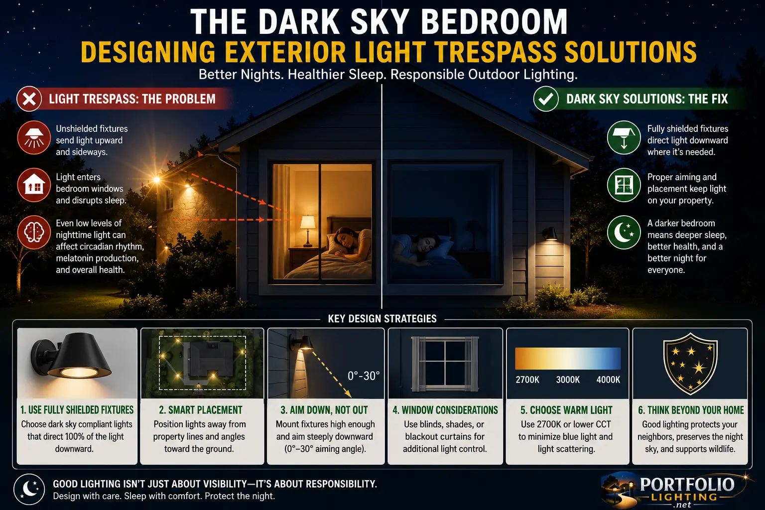 Dark-sky bedroom exterior light trespass solutions showing shielded outdoor lighting bedroom window glare control warmer color temperature and smart dimming schedule