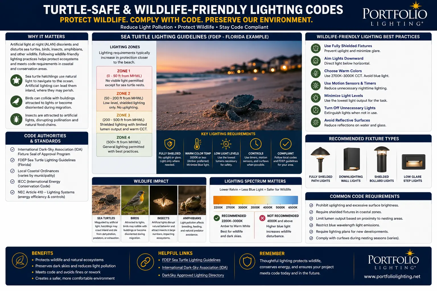 Turtle-safe wildlife-friendly lighting codes sea turtle ordinance FWC certification 560nm amber LED landscape lighting compliance coastal property