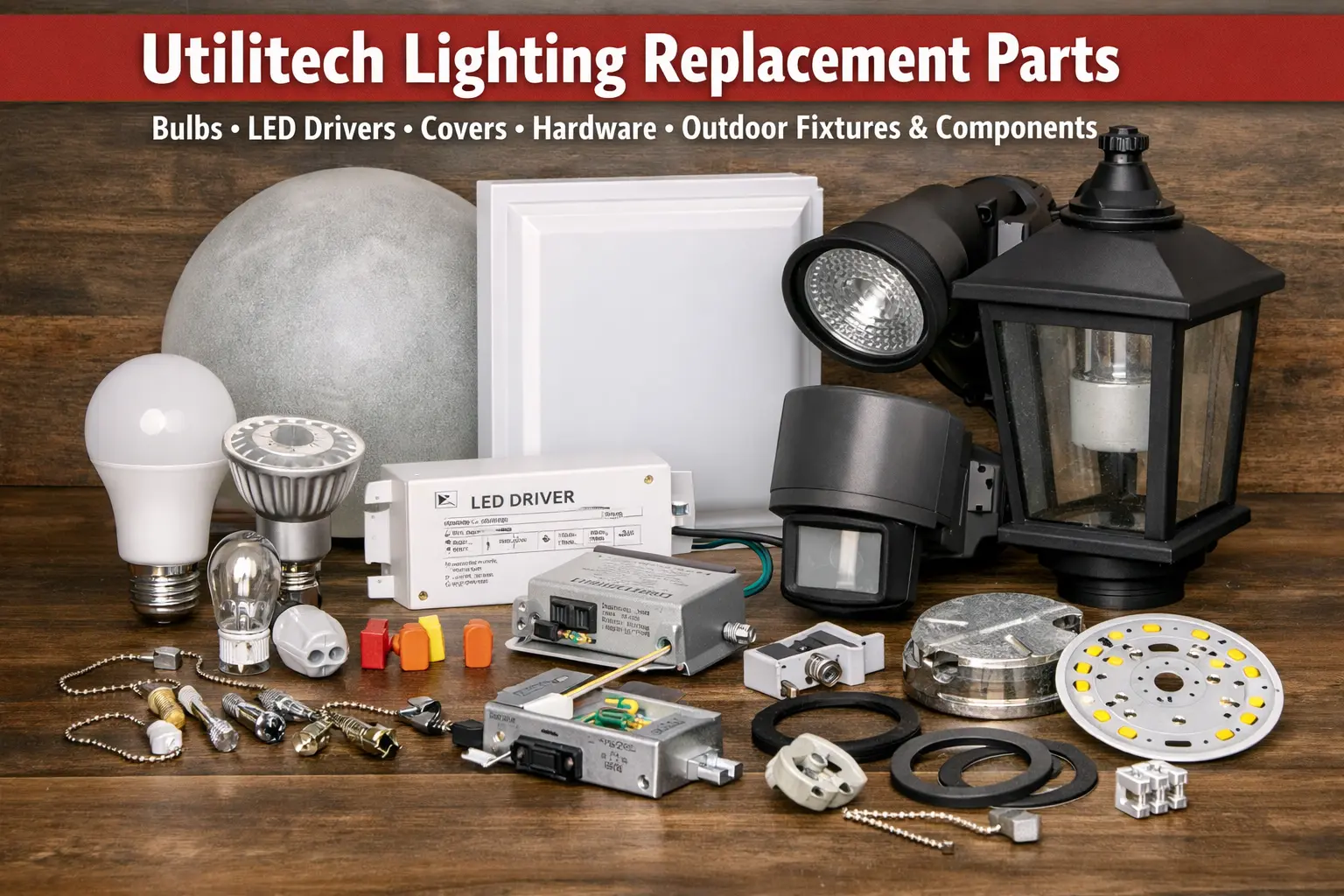 Utilitech lighting replacement parts for bulbs, LED drivers, covers, hardware, outdoor fixtures, and replacement components