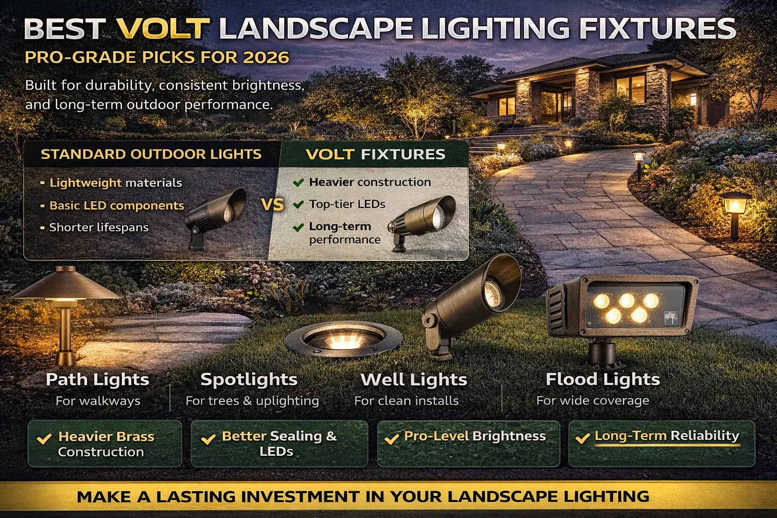 Best VOLT landscape lighting fixtures including path lights, spotlights, well lights, and flood lights for pro-grade outdoor lighting
