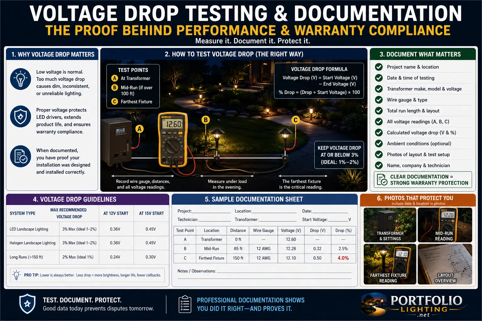 Voltage drop testing documentation for warranty compliance showing multimeter readings transformer label fixture map connector photos and claim-ready landscape lighting report