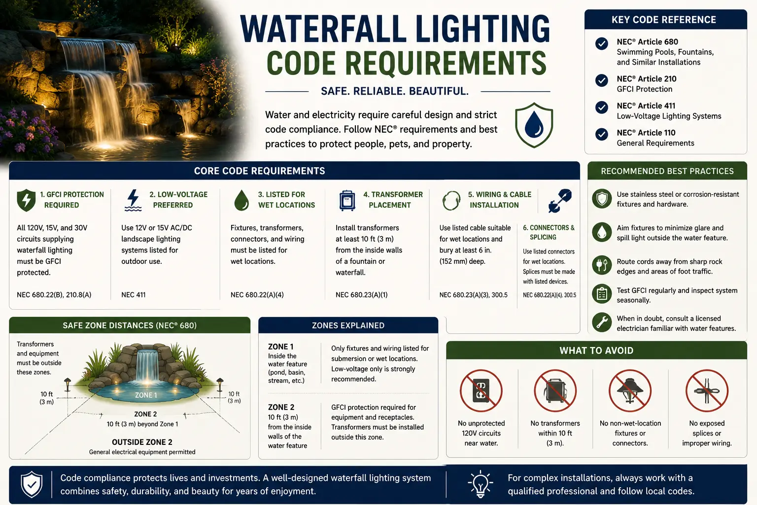 Waterfall lighting code requirements NEC 680 Article 682 pondless waterfall IP68 splash zone fixture mounting submersible lighting