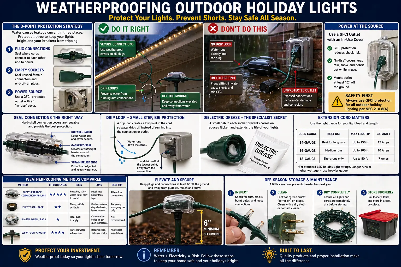 Weatherproof outdoor holiday light connections with raised plug cover, drip loop, GFCI outlet and Christmas lights after rain