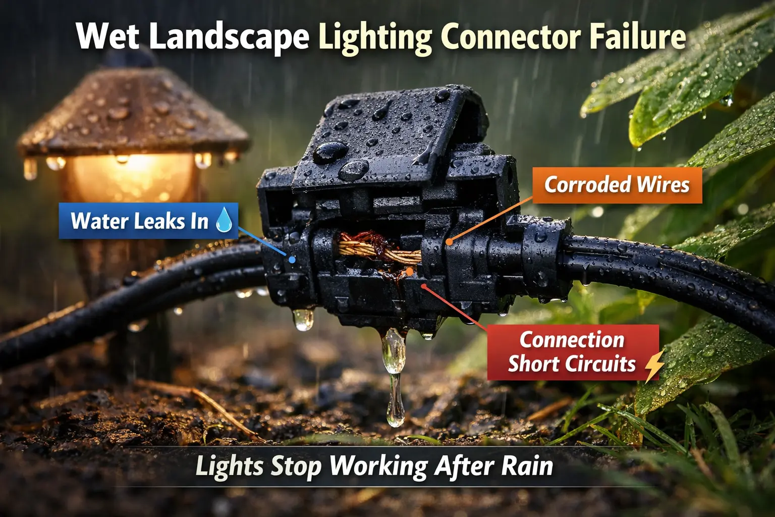 wet landscape lighting connector causing failure after rain